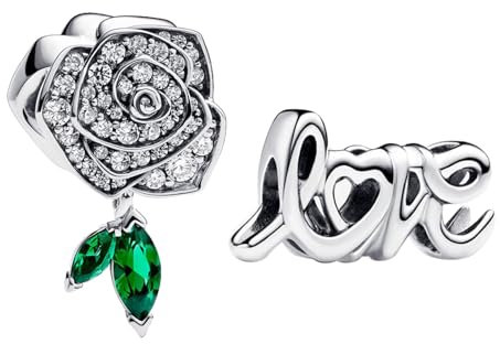NUNUYAYA Perles Charms Argent Sterling 925 Breloque Pendentif Sparkling Rose Handwritten Love Bead Compatible pour Femmes Filles Européen Bracelets Colliers 2pcs / Set