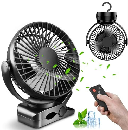 EHIOG Mini Ventilador de Escritorio, Portátil Mini Ventilador silenciosa con Clip Con 3 Velocidades, Rotación de 360°, Con mando a distancia y luz LED, para el Oficina, Hogar, Camping(Negro)