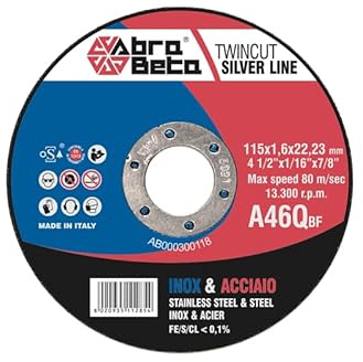 Inca Dischi Da Taglio Abra Beta Per Smerigliatrice Angolare 115x1x22 mm Per Ferro Metallo Acciaio INOX 200 Pezzi