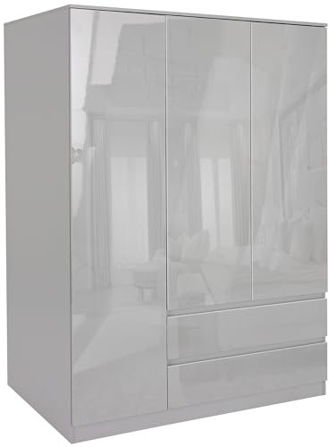 Blisswood High Gloss 3 Door Wardrobe Grey With Shelf & 2 Drawer Storage and Hanging Rail, MDF Wooden Double Wardrobe Large Cupboard Bedroom Storage Furniture For Bedroom