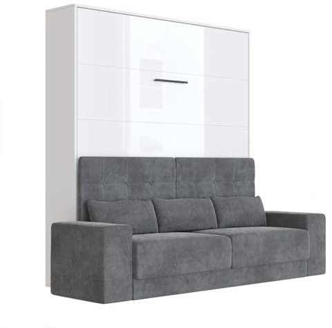 SMARTBett Schrankbett mit Anthrazit Sofa M1 160x200 Vertikal Weiss/Weiss Hochglanz