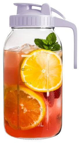 Einmachglas-Krug, 1,8 l, breite Öffnung, Krug mit Ausgießer, Griff, Deckel für kaltgebrühten Kaffee, Eisgetränke, Eissaft, Limonade, Sonnentee, Fruchtgetränke, Behälter (lila)