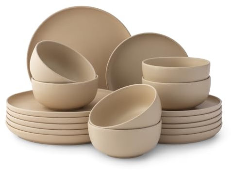 JoyJolt Mesa Service de table en grès 18 pièces comprenant des assiettes plates, des assiettes à salade, des bols à céréales et à soupe Beige mat pour 6 personnes