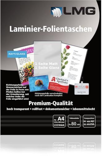 100 Matt-Glänzende Laminierfolien- 80 micron je Seite, 1 Seite Matt, eine Glänzend, Entspiegelt (80 MIC, DIN A4)