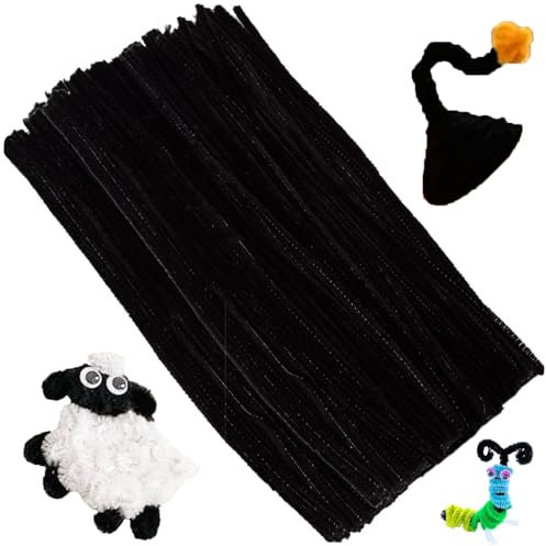 100 Stück Pfeifenreiniger Chenilledraht 30CM Biegeplüsch Kunst Pfeifenputzer Bunt Bastelset Bendable DIY Twist Stick Biegeplüsch Bunt zum Basteln für Zum Basteln und Dekorieren(Schwarz)