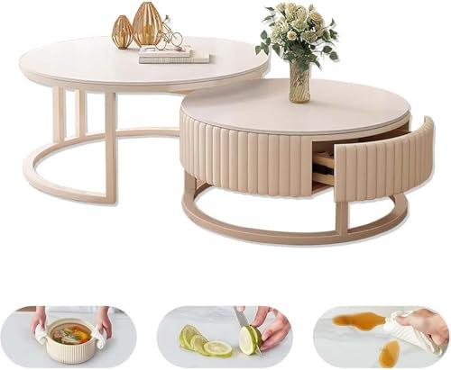 Generic Moderner weißer runder Couchtisch, 2er-Set, 50 + 70 cm, Nisttische, Wohnzimmertisch, Sofatisch