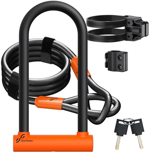 Sportneer Bike Lock, 18mm Heavy Duty Bike U Lock Plus Size with 6Ft/1.8M High Security Steel Cable&Adjustable Mounting Bracket&Key Anti Theft Secure Locks for Bikes, E-Bikes, Motorbikes, 9.5 x 4 in