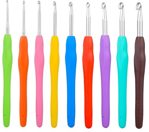Häkelnadel Set 9 Stück Häkelnadeln Nadelset Metall Häkelnadel 9 Größen Ergonomische Häkelnadel mit Bunte Silikongriff Crochet Hook für Anfänger und Erfahrene Häkelliebhaber(2-6mm)