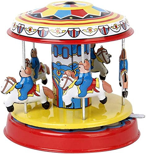 BOLLUMA MS271 Retro Wind Up Pony Merry Go Round Tin Toy Clockwork Funny Gear High-wheel Carousel Vintage Mechanical Toys Collectible Gifts for Christmas Birthday Thanksgiving
