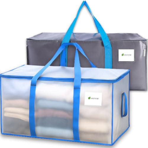 Pack of 2 Grey&Clear Heavy Duty Extra Large Moving Bags with Zipper Handles, Reusable Foldable Storage Bags for Clothes, Laundry, Camping Gear, Toy & Blanket Storage, Waterproof Space Saving Organiser
