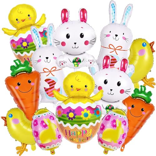 Ostern Luftballons 12 Stück Hase Folienballon Osterballons Osterei Luftballons Karotte Küken Folienballon Happy Easter Ballons Osterdeko Set Hasen Deko Ostern