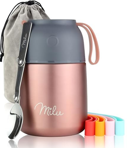Milu® Thermobehälter für Essen I 450ml I Edelstahl Warmhaltebehälter mit Löffel, Thermobecher Essen, Thermo Lunchbox für Kinder, Erwachsene, Thermobox Suppen, Babybrei, Speisebehälter Rosegold, 450ml