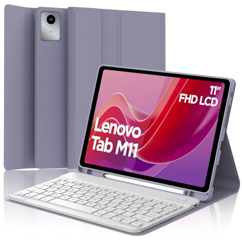 FOGARI Hülle Tastatur für Lenovo Tab M11 11 Zoll 2024 (TB330FU / TB330XU) | Mit Magnetisch Abnehmbarer Bluetooth Dünne Tastatur und Soft TPU Hülle mit Stifthalter für Büro/Studie/Schreiben, Violett