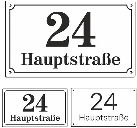 Sosenco Hausnummer mit Straßenname Personalisiert Laser Gravur (Weiß) | Wetterfestes Addressschild aus Gravurmaterial. 3 Größen wählbar, Ort & Straßenname mit Wunsch-Grafik & Montage