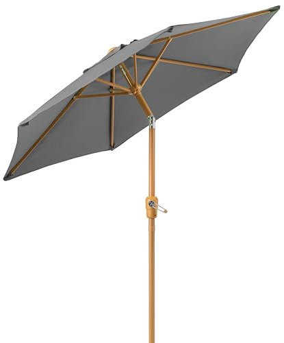 CHRISTOW 2m Tilting Garden Parasol with Crank Handle, 38mm Steel Pole, Wood Effect Finish, Outdoor Sunshade Umbrella, Heavy Duty Polyester, UV30+ Sun Protection, Water Resistant, Air Vent (Grey)