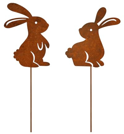 Recitem 2pcs Osterhasen Gartenstecker Rost Osterhasen Figuren, Gartenstecker, Osterdeko für Draußen, Blumenstecker für Ostern Deko Rostdeko Gartendeko Osterdekoration, Gartendeko Rost (2 Kaninchen)