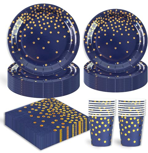 96 Stück Geburtstag Party Geschirr Set, Blau Gold Geburtstag Becher Serviette Pappteller Set für Mädchen Kinder Tischdekoration - 24 Gäste