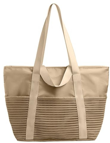 X SIM FITNESSX Damen Strandtasche Wasserdicht mit 6 Netztaschen Shopper Tasche Handtasche Lange und Kurze Tragegriffe mit Reißverschluss (Beige)