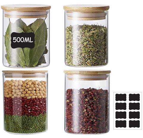 WLHFDC Vorratsgläser mit Deckel 4er Set,Vorratsdosen Glas mit Deckel Luftdicht,450ml Glasbehälter mit Deckel aus Bambus,Overnight Oats Gläser,Gewürzgläser für Kaffeebohnen,Körner,Nüsse,Tee,Kräuter