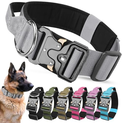 AKOFIC Taktisches Hundehalsband mit Griff, Breites Halsband Hund Gepolstert aus Nylon, Verstellbar Robuster Dog Collar mit Metallschnalle für Mittlere Große Hunde (Grau, M)