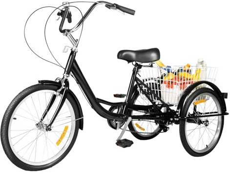 SYNCMH 20 Zoll Dreirad, Dreirädrige Fahrräder mit Zusammenklappbarer Korb, 8 Geschwindigkeitseinstellungen, Fahrrad Dreiräder Herren, Tricycle für Unterhaltung, Einkaufen, Sport, Schwarz
