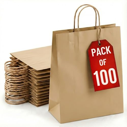 XSMALL 100 Pcs Brown Party Bags – No Wrinkles Gift Bag with Handles | Flat-Bottom Paper Party Bags for Kids Party, Weddings, Birthdays, Baby Showers – No Fold Packaging (24×18×8 cm)