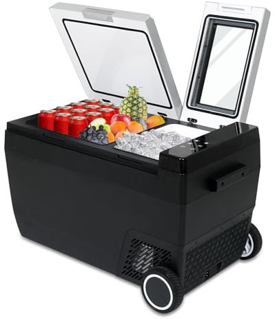 KioGro Kompressor Kühlbox mit Eiswürfelbereiter, 42L Kühlbox Auto, 12/24V & 230V Elektrische Kühlschrank, Dual-Zone (-20°C bis +20°C), 6 Kugel-EIS in 6 Min, für Camping, Auto, Wohnmobil