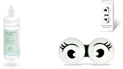 MAGNIVISION All-in-One Lösung Komfort, 100ml für weiche Kontaktlinsen, zur Reinigung und Lagerung & 1x Kontaktlinsenbehälter Fun-Style Weiß mit Links-Rechts-Markierung im modernen Design
