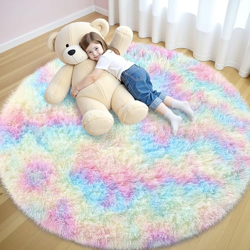 smiry Hochflor Teppich Wohnzimmer, 200cm Rund, Regenbogen | Waschbar Anti-Rutsch Moderner Flauschiger Kuscheliger Teppich für Wohnzimmer, Schlafzimmer, Kinderzimmer