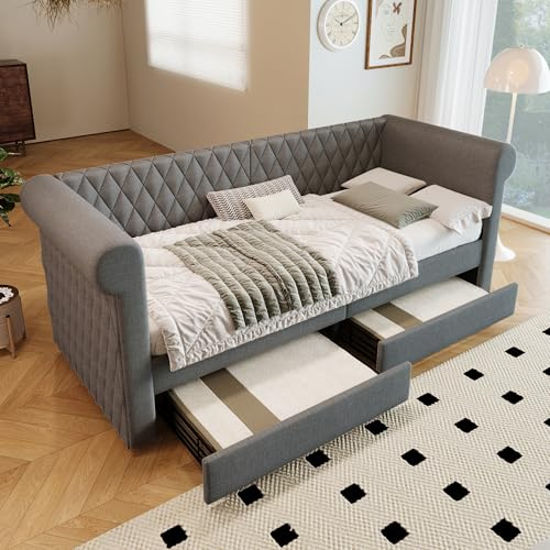 EINHOM Schlafsofa Polsterbett 90x200 cm, Tagesbett Kinderbett mit 2 Stauraum Schubladen, Lattenrost aus Holz, Vintage Kopfteil, Linen, Ohne Matratze (Grau)