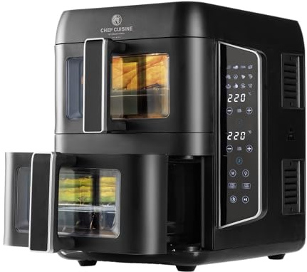 CHEF CUISINE Air Fryer Dual Zone 9L | Heißluftfritteuse mit 2 unabhängigen Schubladen, Touch-Bedienfeld & 12 Programmen | Fettarmes Garen, Grillen, Backen & Dörren | energieeffizient