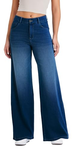 Keolorn Wide Leg Jeans for Women with a Traditional Button and Zipper Placket Design,Straight Cut, Loose fit,Suitable for Casual, Yoga, Fitness High Elasticity Denim Pants.(DarkBlueNostalgicXL)