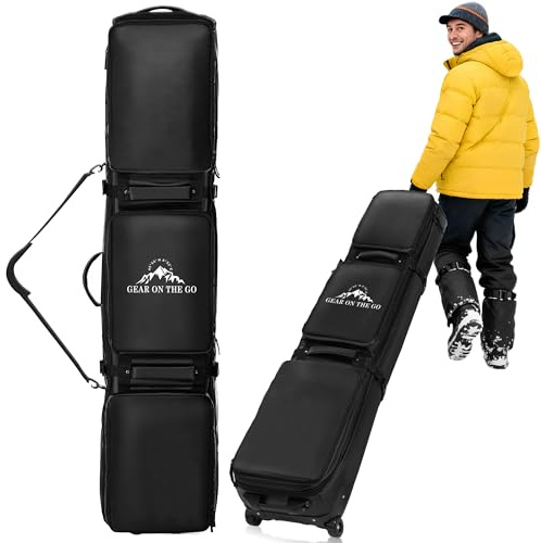 PolarcoForgeco Rollende Skitasche für Flugreisen, schwimmbare, wasserdichte Snowboardtasche mit Rollen, gepolsterte Skischuhtaschen, passend für Einzelski oder 2 Paar Ski bis 175–185 cm