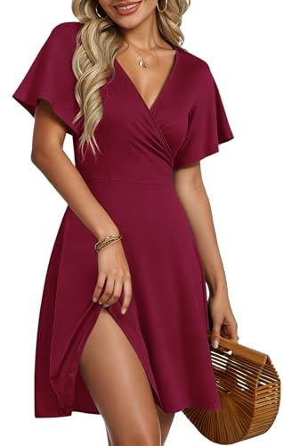 AUSELILY Robe d'Été pour Femmes Robe Portefeuille à Manches Courtes Volantées avec Col V, Imprimé Floral et Croisement Devant pour la Plage