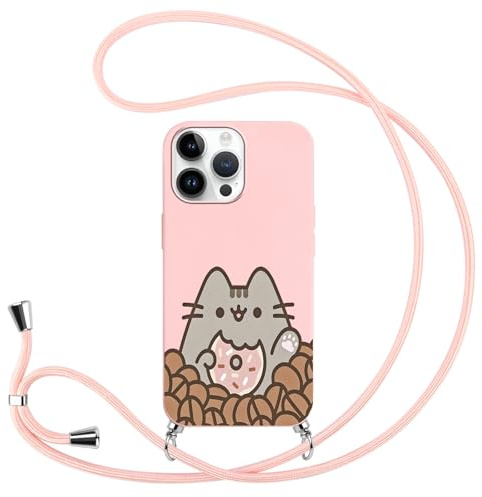 Stradvnaly Handyhülle Handykette für iPhone 12/12 Pro 6.1 Hülle mit Band, Cartoon Manga Katze Cat Cute Anime Muster Case mit zum Umhängen Kordel, Silikon Stoßfest Bumper Schutzhülle Cover, Anime