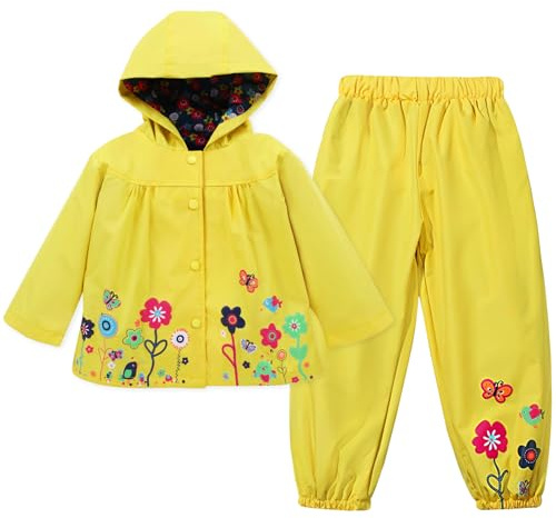 LZH Bambino Impermeabile Ragazza Pioggia Giacca con Cappuccio + Pantaloni Set,Yellow,2-3 anni （100）