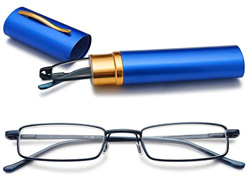 VEVESMUNDO Herren Lesebrille Mini Reise Kleine Kompakte Schmal Metall Lesehilfe Brillen Mit Etui +1.0,+1.5,+2.0,+2.5,+3.0,+3.5,+4.0 (1 x Blau Blaulichtfilter Lesebrille, 2.0)