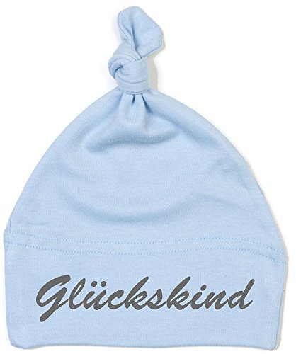 Schnoschi Babymütze in hellblau mit Glückskind hochwertig Bestickt/gestickt