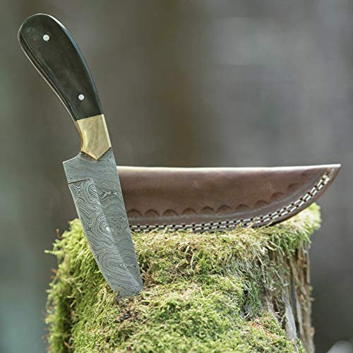 elToro Brass Horn - Damast - Jagdmesser - 12,5cm - inkl. Lederscheide; Messer für Camping, Outdoor, Survival