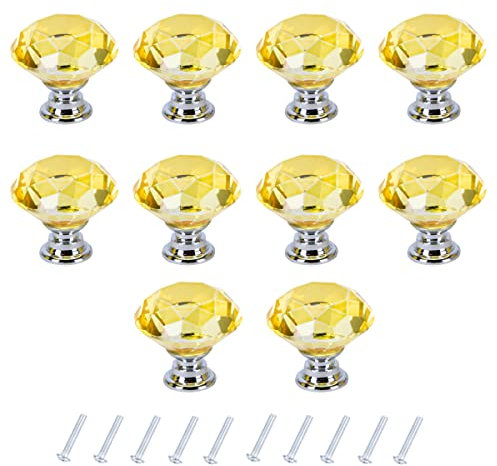 PETITES ECREVISSES 10 pcs 40mm Kristall Türgriff, Transparent Diamant Form Kristall SchrankKnöpfe Möbelknöpfe Möbelgriffe Schrankgriffe Mit Schrauben (Gelb)
