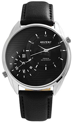 Akzent Exclusive Herren – Uhr Lederimitat Armbanduhr 2 Zeiten Analog Quarz 2900187 (Schwarz)