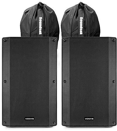 VONYX VSA120S 12 Active DJ Speakers Pair - 800W Powered Speaker Set with Bluetooth, USB MP3 Player, Cables and Durable Carry Bags for Mobile DJs and Live Events