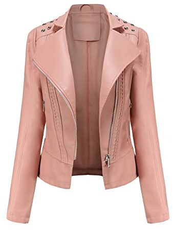 Chiodo Giacca in Pelle da Donna Giacca di Pelle con Borchie Giubbotto Biker in Ecopelle Giacca Motociclista con Cerniera Primavera Autunno Giubbino Corto in Finta Pelle Giubbotto Similpelle Rosa L