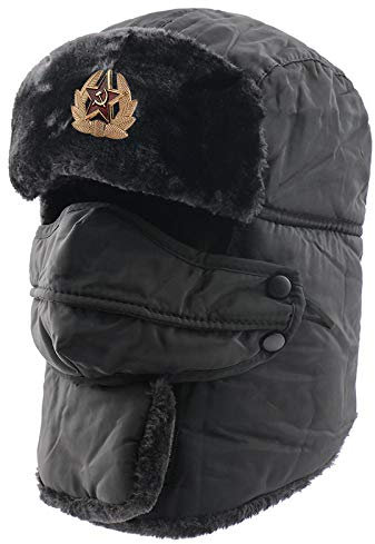 Russen Mütze Herren wasserdichte Ski Winter Bomber Hüte Für Frauen Männer Sowjetisches Abzeichen Russische Ushanka Mütze Männlicher Schal Ohrenklappe Gesichtsschutz Caps-Bk_Soviet_Badge