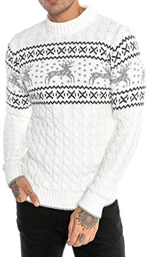 Redbridge Herren Strickpullover Norweger Pullover Slim-Fit Plait Reindeer Weiß L