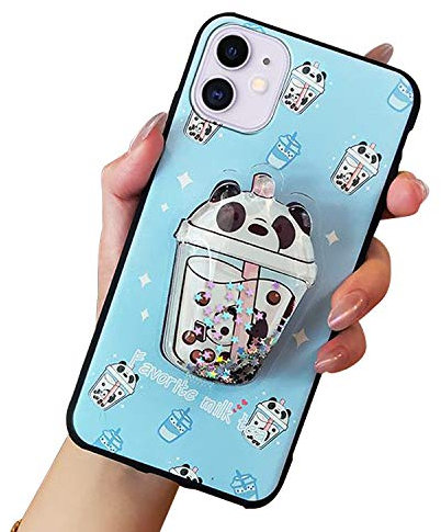 Handyhülle Kompatibel mit iPhone 12/12 Pro Hülle Cute Weiche Silikon Gel Kratzfest Schutzhülle mit Glitzer Flüssig Flexible TPU Interessante Ständer Cover Case für Mädchen (Panda)