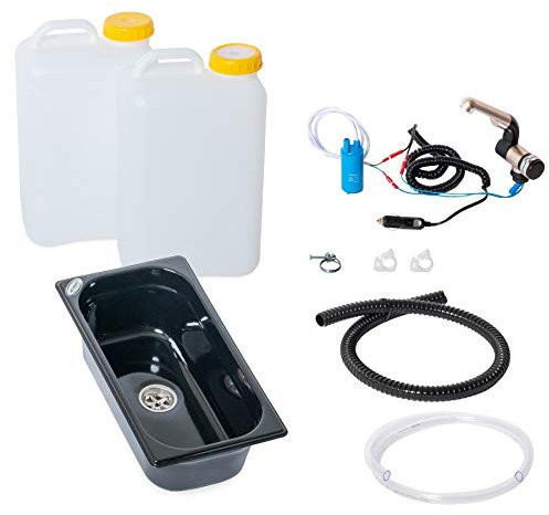 Wasseranlage Imbisswagen Verkaufsanhänger Campingküche 12v Bausatz Spüle schwarz 325x176x100mm + Wasserhahn Barwig Chrom Wasserkanister 19Liter (ad-ideen)