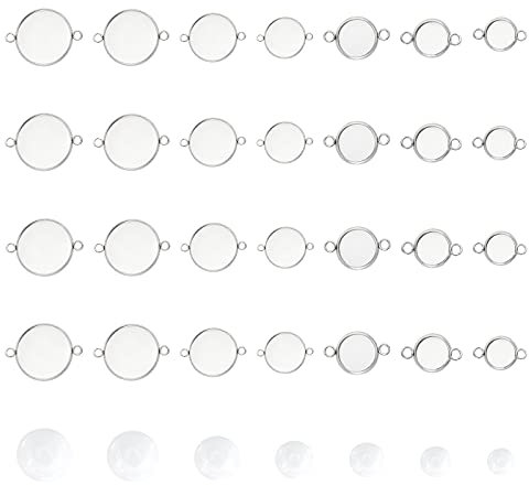 UNICRAFTALE Flat Round 7 Größen Links Making Kits Enthalten 42-Teilige Cabochon-Steckverbinder Aus Edelstahl Und 56-Teilige Transparente Glas-Cabochons Für Halskettenohrringe Und DIY-Bastelanhänger