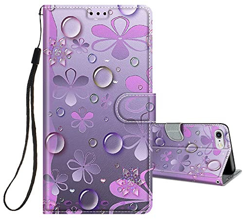 HopMore Cover a Libro per iPhone 6S / 6 in Pelle con Silicone Morbido Custodie iPhone 6 6S Portafoglio Disegni Custodia Antiurto 360 Gradi Accessori Leather Case - Fiore Viola