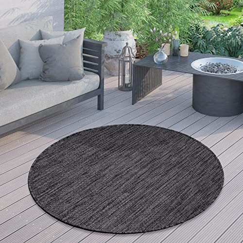 Paco Home Outdoor Teppich Wetterfest Rund Balkon Küchenteppich Modern Flachgewebe Meliert Einfarbig, Grösse:160 cm Rund, Farbe:Anthrazit